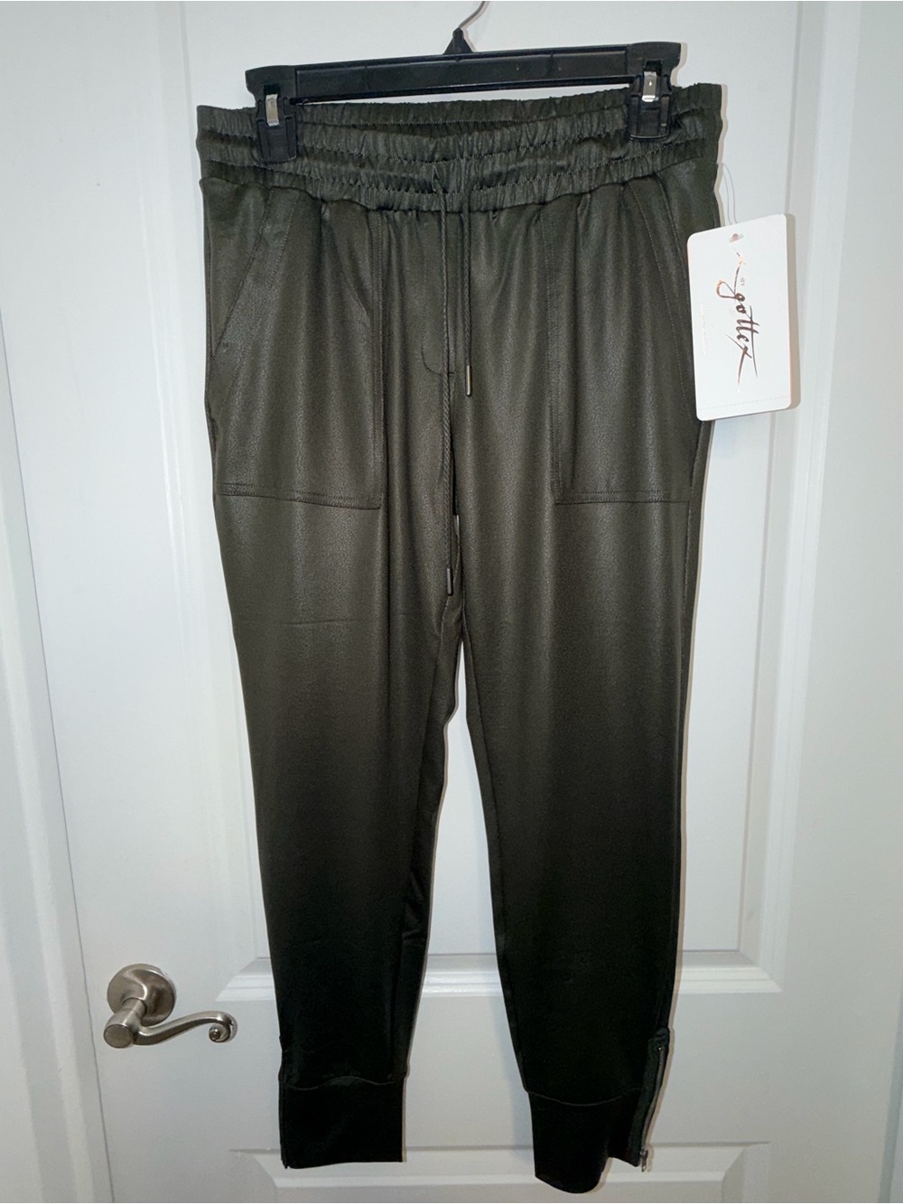 Gottex olive Green Faux Leather Joggers with Drawstring & Ankle Zippers - NWT